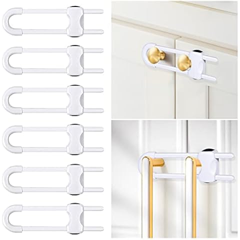 6 Packs Sliding Cabinet Locks, Modacraft Baby Proofing U-Shaped Child Safety Latches Adjustable White Locks for Handles Knobs Drawers Closet Cupboard Cover