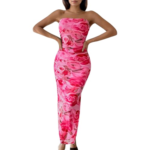 Image of Women's Tube Top Maxi Dresses Printed Tie Dye Strapless Bodycon Long Dress Split Side Sleeveless Party Elegant Outfits