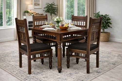 Image of BN Furniture Solid Sheesham Wood 4 Seater Dining Table Set | Dark Walnut Finish | Handcrafted Wooden Square Dining Table with Cushioned Chairs for Home & Apartment