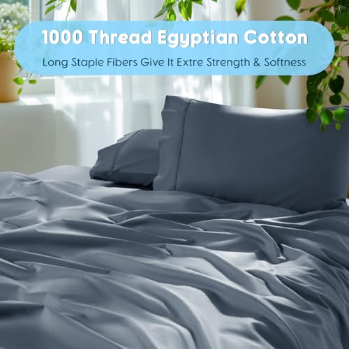Image of SONORO KATE 1000 Series 100% Egyptian Cotton Queen Sheets,Extra Deep Pocket | 18-24 Inch Extra Deep Pocket,Soft & Breathable,5-Star Hotel Sateen Bed Sheets,All Season,4pc,French Blue