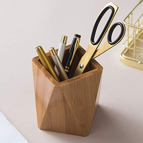 Yosco Bamboo Wood Pen Holder Stand For Desk Geometric Pencil Cup Pot Cute Desktop Office Supplies, Makeup Brushes Organizer (Bamboo) #TOP3