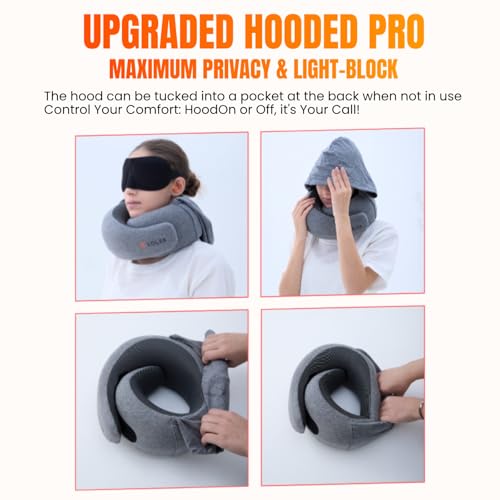 LOLEX™ Hooded Pro Travel Pillow - Memory Foam Neck Support Pillow for Airplane, Flight - Super-Soft Pure Cotton Fabric, Maximum Privacy & Light-Block Design, Lightweight Full Travel Kit - Light Grey - Image 3