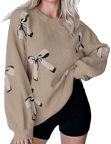 Womens Oversized Cute Bow Tie Sweater Spring 2025 Cozy Chunky Ribbed Knit Crewneck Long Sleeve Pullover Tops