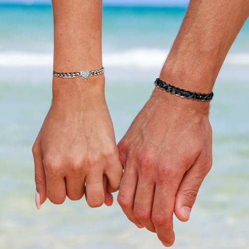 Matching Couple Cuban Chain Bracelets Gifts for Boyfriend Husband Soulmate Girlfriend Valentine Anniversary Birthday Christmas Gift for Him and Her,Adjustable Size3