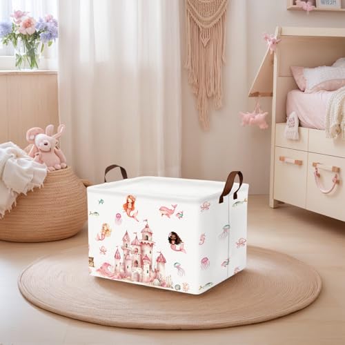 Image of Cute Rectangle Baby Girl Gift Basket Toy Storage Bin Nursery Playroom Bedroom Decor (Pink Castle)