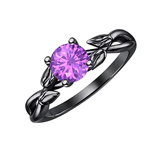 14K Gold Over .925 Sterling Silver 2ct Round Cut Amethyst Leaf Solitaire Engagement Ring For Womens