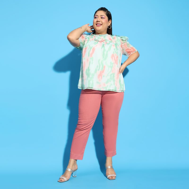 Image of oxolloxo Women Plus Size Round Neck Short Sleeve with Gather Pleates Ruffle Detail Top