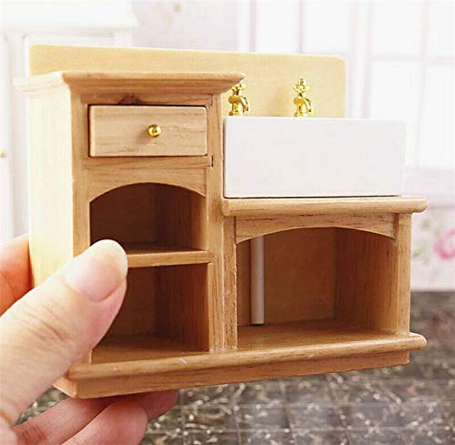 EatingBiting MINI House Bathroom Kitchen Decor Sink 1/12 Wooden Wash Basin Cabinet with Ceramic Hand Sink for Bathroom Kitchen Decoration Accessories