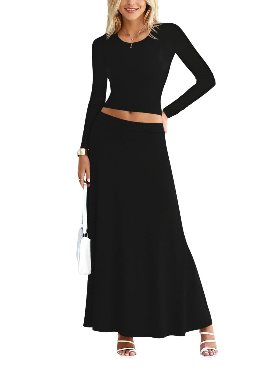Sweet Hearts 2 Piece Sets for Women- Casual Modal Maxi Skirt Long Sleeve Crop Tops Womens 2 Piece