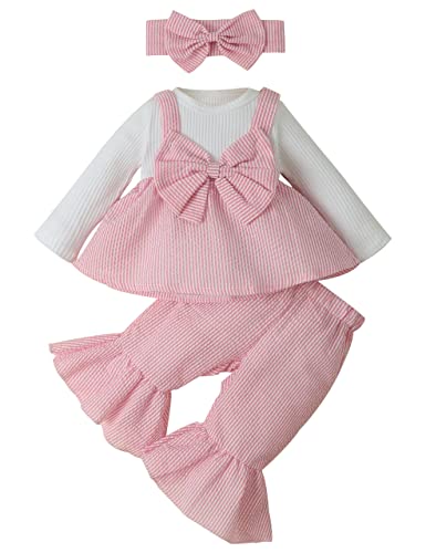 Toddler Baby Girl Clothes Long Sleeve Shirt Tops Bell Bottoms Flared Pants Set 3PCS Fall Winter Outfits with Headband 3-4T (Pink)