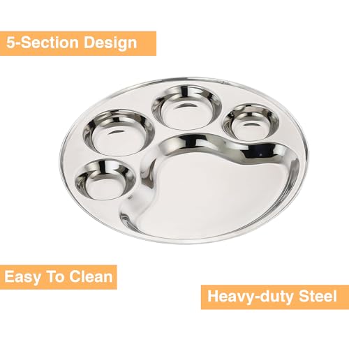 Image of Expresso 5 in1 Five Compartment Divided Plate /Thali /Bhojan Thali /Mess Tray /Dinner Plate Set | Round Shape High Grade Stainless Steel Mirror Finish Partition Plate Set of 1