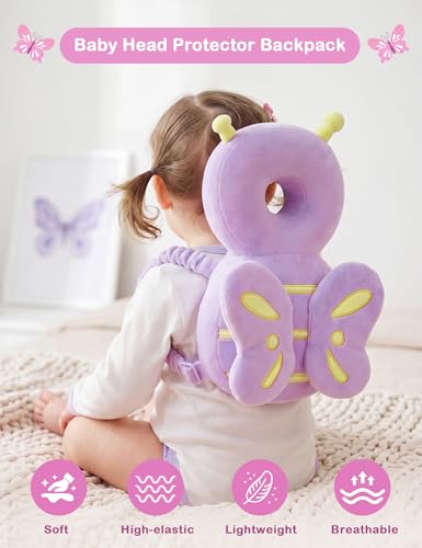 Image of JunNeng Baby Head Protector Backpack for Walking Crawling, Purple Butterfly | Soft, Breathable, Adjustable, Baby Fall Back Head Protector for Falling
