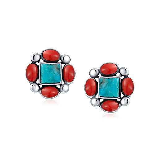 Boho Southwestern Native American Style Genuine Gemstone Turquoise Red Coral Concho Eagle Wings Stud Earrings Western Jewelry For Women Teens .925 Sterling Silver2
