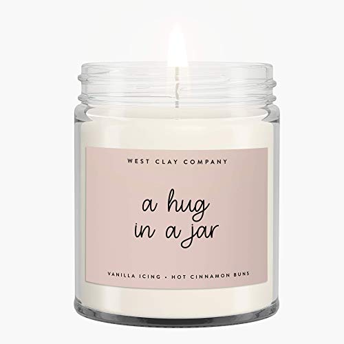 Hug in a Jar Candle - Cinnamon Buns Scented Soy + Coconut Blend Wax Candle with 100% Cotton Wick - Handpoured and Small Batch - Made in the USA - 8 oz