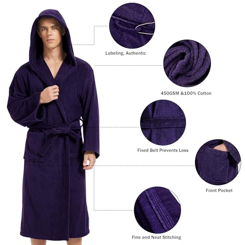 Image of Mens Robe with Hood-Classic Terry Cloth Bathrobe for Men,Soft Knee Length Bathrobes