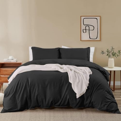 Soifox Double Duvet Cover Set - Black Bedding Set Double Bed with Zipper Closure, Soft Microfiber Quilt Cover with 2 Pillowcases
