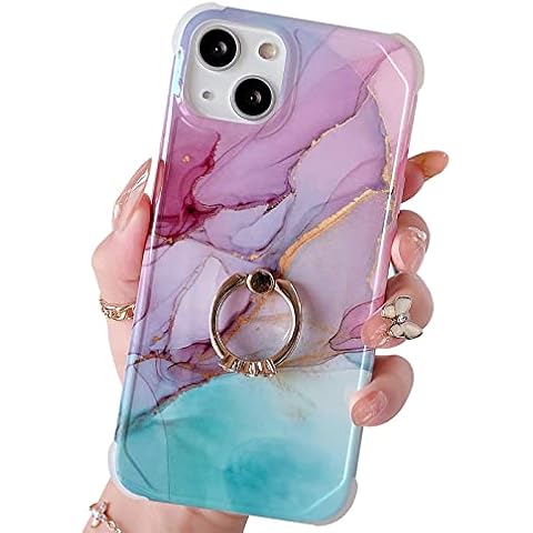 Hapitek Compatible with iPhone 13 Case with Ring Holder Glitter Bling Women Soft Silicone Flexible Kickstand Luxury Slim Cute Protective Marble Drop Protection Phone Case for iPhone 13 6.1" Purple Cover