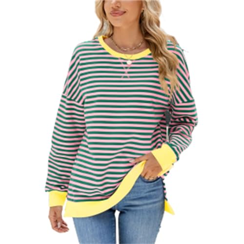 SotRong Longline Striped Sweatshirt for Women Uk Crewneck Split Hem Pullover Casual Long Sleeve Baggy Tops Trendy Color Block Y2k Preppy T Shirts Green Pink XL