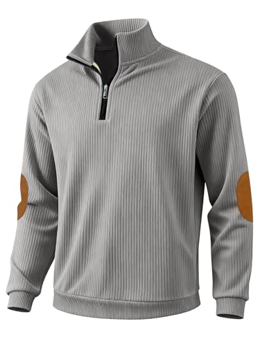TAFLE Men's Quarter Zipper Pullover Corduroy Mock Neck Sweatshirt Spring Autumn Casual Knit Long Sleeve Polo Shirt Grey