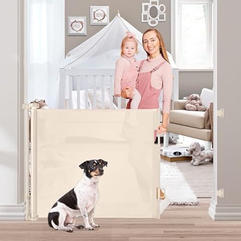 70 Inch Wide Mesh Dog Gate Indoor Retractable Baby Gates for Doorways Retractable Pet Gate for Stairs Mesh Gates for Kids or Pets Retractable Fence Outdoor Retractable Puppy Gates for the House, Beige Cover