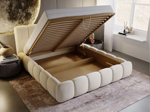 GRAINGOLD Cloud Bett 180x200, Polsterbett mit Bettkasten, Polsterbett mit Stauraum, Samt, mit Lattenrost, mit Kopfteil, ohne Matratze (Beige, 180x200)
