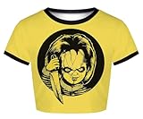 Womens Crop Tops Summer Casual Short Sleeve Goth Halloween Graphic Cropped T Shirts (Yellow Chunky Doll 008,M)