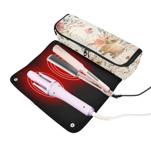 Organizador de Herramientas para Peinar el Cabello, con diseño de vacas de las tierras altas y flores, portátil con tapete resistente al calor para plancha alisadora, rizadora y otras herramientas de peinado miniatura 2
