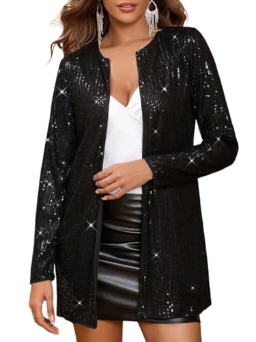 Chic Black Womens Fall Winter Jacket - Sequin Detail, Long Sleeve, X-Large Elegance