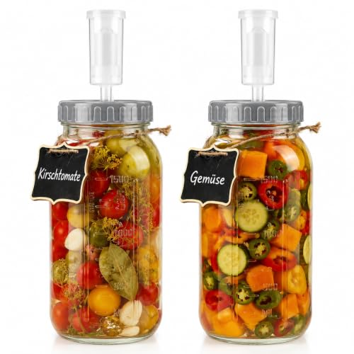 2 barattoli per fermentazione Kimchi da 2 l, con chiusura ad aria, barattolo per fermentazione per kimchi, crauti, facile conservazione delle verdure, set di fermentazione in vetro per salsa calda