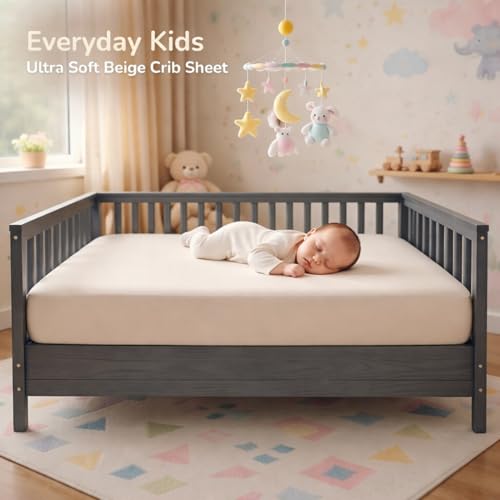 Image of Everyday Kids Fitted Crib Sheet, 100% Soft Breathable Microfiber Baby Sheet, Fits Standard Size Crib Mattress 28in x 52in, Beige Nursery Sheet