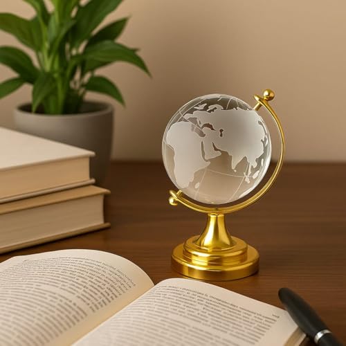 Image of Luxury Crystal Globee with Golden Stand- Elegant World Globe for Desk or Office Decor, Modern Decorative Glass Globe with Etched Continents (Gold And White, Medium)