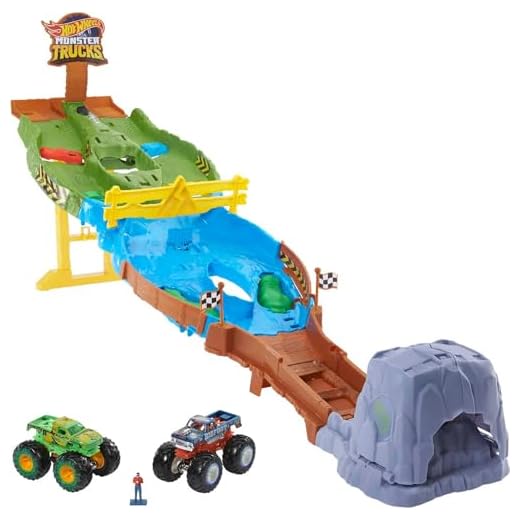Hot Wheels Monster Trucks Wreckin' Raceway with 2 Toy Trucks: Bigfoot & Gunkster, Head-To-Head Race with Obstacles