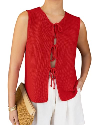 Women's Crochet Sweater Vest Summer Casual Sleeveless Crew Neck Tie Front Knit Vest Top Cardigan