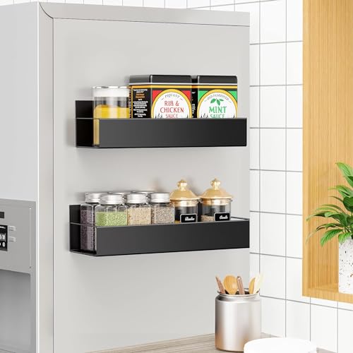 Image of OrganizeMee Movable Kitchen Organizer Storage Spice Magnetic Rack, Decorate Your Fridge,Washing Machine & Microwave Oven with Magnetic Metal Fridge Side Rack 1 Year Warranty: Black Set Of 2