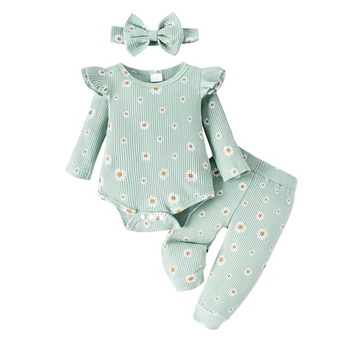 Raopuzi Conjunto Largo de Ropa de Bebe Niña Ropa Recien Nacido de Punto Body de Manga Larga con Volantes+Pantalones Larga +Diadema Lazo Traje de 3 Piezas Estampados Florales