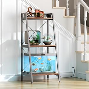 3-5.5 Gallon Fish Tank Stand with Shelf, Metal Frame Aquarium Stand with Storage and Power Outlet, for Multiple Fish Tank, 16.53″ L*14.41″ W Reptile Tank Rustic Brown PG11YGN