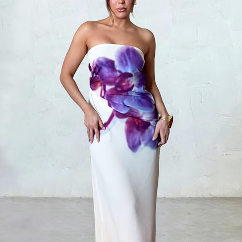 Image of Women Y2k Strapless Maxi Dress Summer Backless Floral Long Tube Dress Off Shoulder Cocktail Party Dress