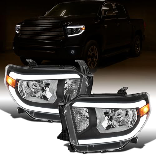 Ronnin - Fits 2014-2021 Toyota Tundra Upgraded Replacement LED Running Light Tube Halogen Headlights Assembly Pair | Black