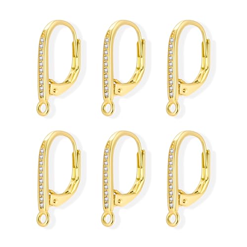 6Pcs Gold Leverback Earring Hooks, Hypoallergenic 14K Goldplated Dangle Ear Hooks French Hoop with Zirconia, 925 Sterling Silver Findings Earring Leverback Hook Making Replacement Supplies Set
