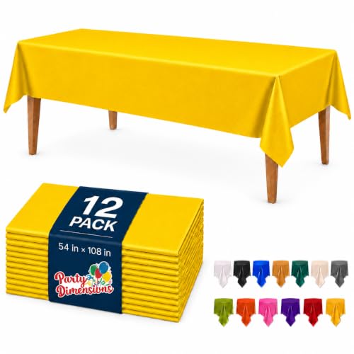 Image of Party Dimensions Yellow Plastic Tablecloths, 12 Pack, 54 x 108 Rectangle | Disposable Waterproof Plastic Table Cover for Birthdays, Weddings, Graduations, Picnics & BBQs, Indoor Outdoor, 6-8 ft Tables