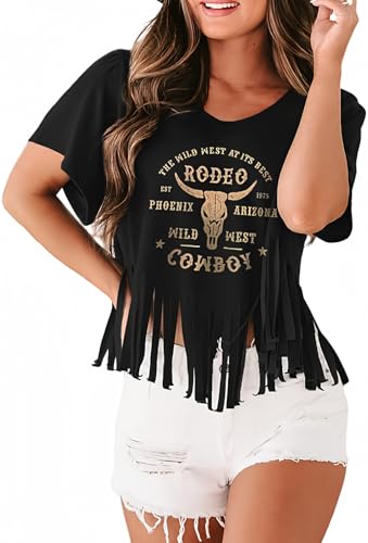 Women Graphic Tees Western Shirts Vintage Cowgirl Fringe Shirt Country Concert Tops Short Sleeve