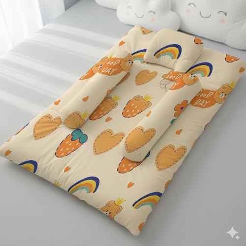 Image of StarAndDaisy Newborn Baby Nest 100% Cotton Cushioned Mattress Sheet with 2 Side Bolster Pillows & 1 Head Pillow Breathable & Soft Boys & Girl Design Rainbow Print