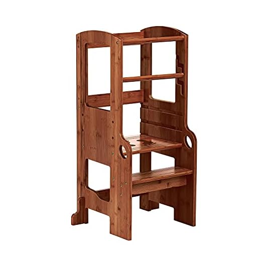 UNICOO- Bamboo Height Adjustable Kids Learning Stool, Kids Kitchen Step Stool, Toddlers Stool (Antique Brown)