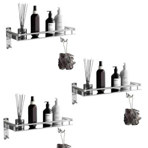 Image of GLOXY Premium Combo Pack of 3 Stainless Steel Single Shelf Wall Mount with Multipurpose Hooks - Chrome Finished Bathroom Stand Shelf Bathroom Fittings Accessories Set for Home, Office & Restaurants