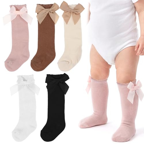 Josojoou Baby Girl Knee High Socks with Bows, 5 Pairs Non Slip Toddler Socks, Cotton Ruffle Tube Socks, Soft Stay-On Dress Socks for Infants Toddlers 0-3T