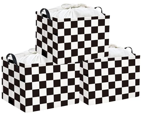 Image of HIYAGON Rectangular Storage Bin Collapse Canvas Fabric Cartoon Storage Basket with Handles for Organizing Home Kitchen(Check)