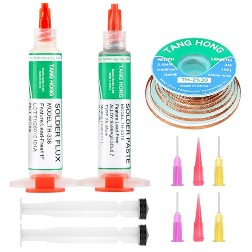 Image of Solder Flux Paste,Solder Paste,and Solder Wick,No Clean Flux Paste (1 Pack),Sn99 /Ag0.3 /Cu0.7 Lead Free Soldering Paste (1 Pack),10Ft Desoldering Wick Braid (1 Pack) For Electronic Soldering