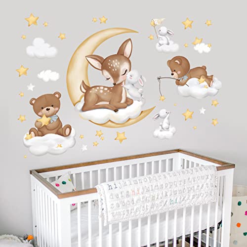 wondever Stickers Muraux Enfants Animaux Endormis Cerf Autocollants Muraux Mural Stickers Ours Lune Nuage pour Chambre Enfants Fille Bébé Pépinière