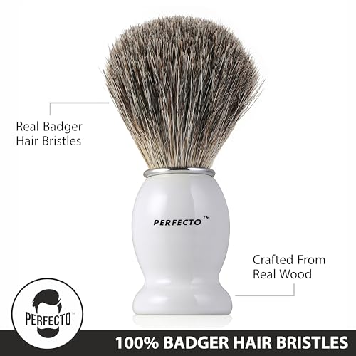 Image of Perfecto 100% Pure Badger Shaving Brush-White Handle, Gift for Dad, Engineered for the Best Shave of Your Life. For Fathers Day Gift, Safety Razor, Double Edge Razor, Straight Razor, Shaving Razor