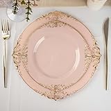 Efavormart 10 Pack | Blush Rose/Gold Baroque 8' Round Plastic Dessert Salad Plates, Disposable Tableware with Leaf Embossed Gold Rim